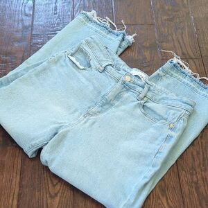 LOFT I Faded Light Blue Distressed Dropped Raw Hem Cropped Denim Jeans, 30/10